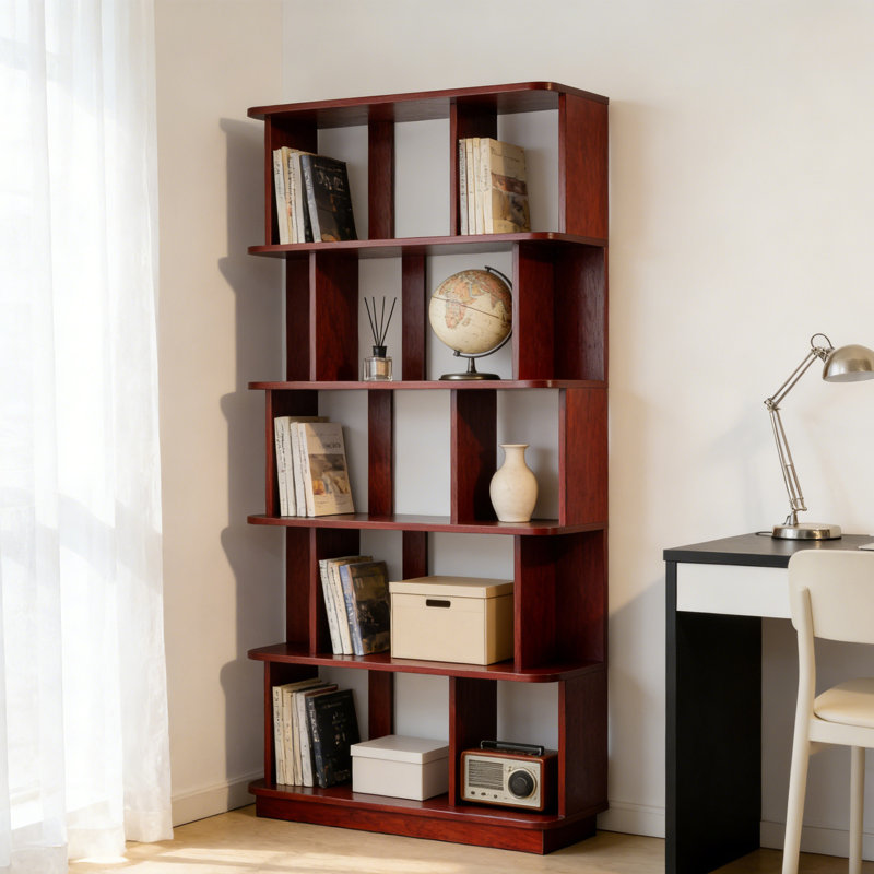 5-Tier Storage Geometric Bookcase,Open Shelf Simple Compartment Display Bookshelf Stand, Ox Blood Red