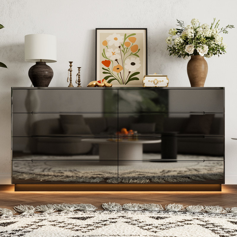 8-Drawer Dresser With Glossy Finish And Warm Light, Black