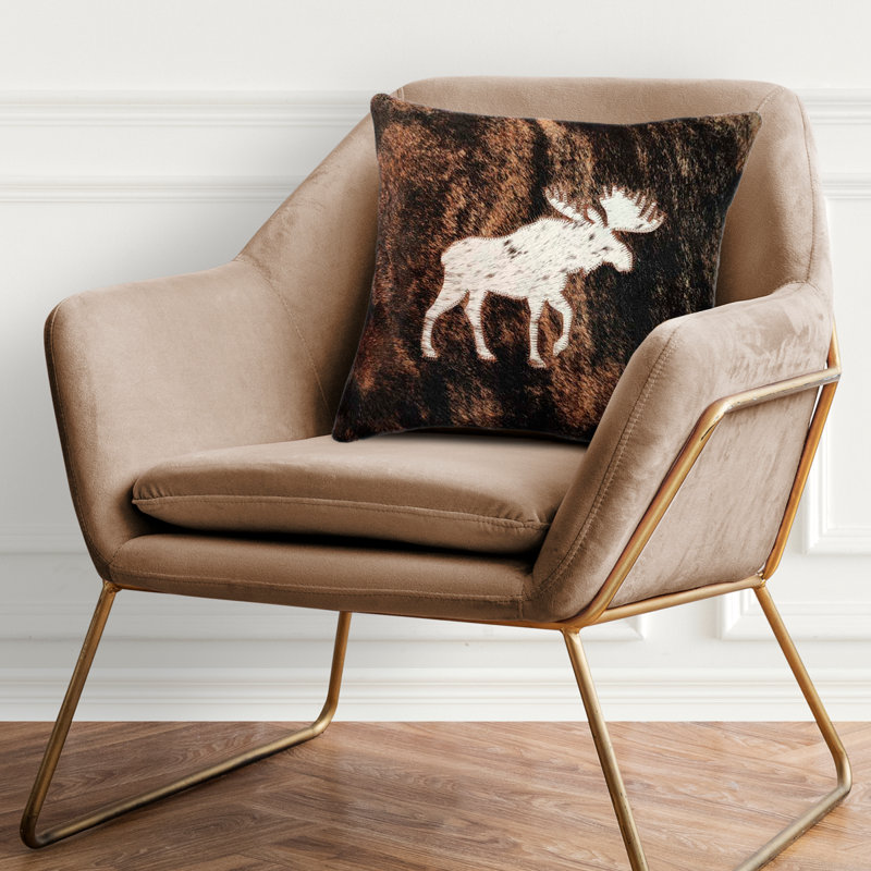 Cowhide Cushion Cover with Moose, 16"H x 16"W