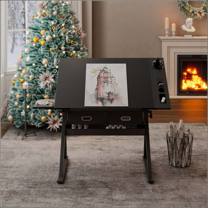 Bureau de dessin réglable avec 2 tiroirs pour bureau à domicile et école avec tabouret