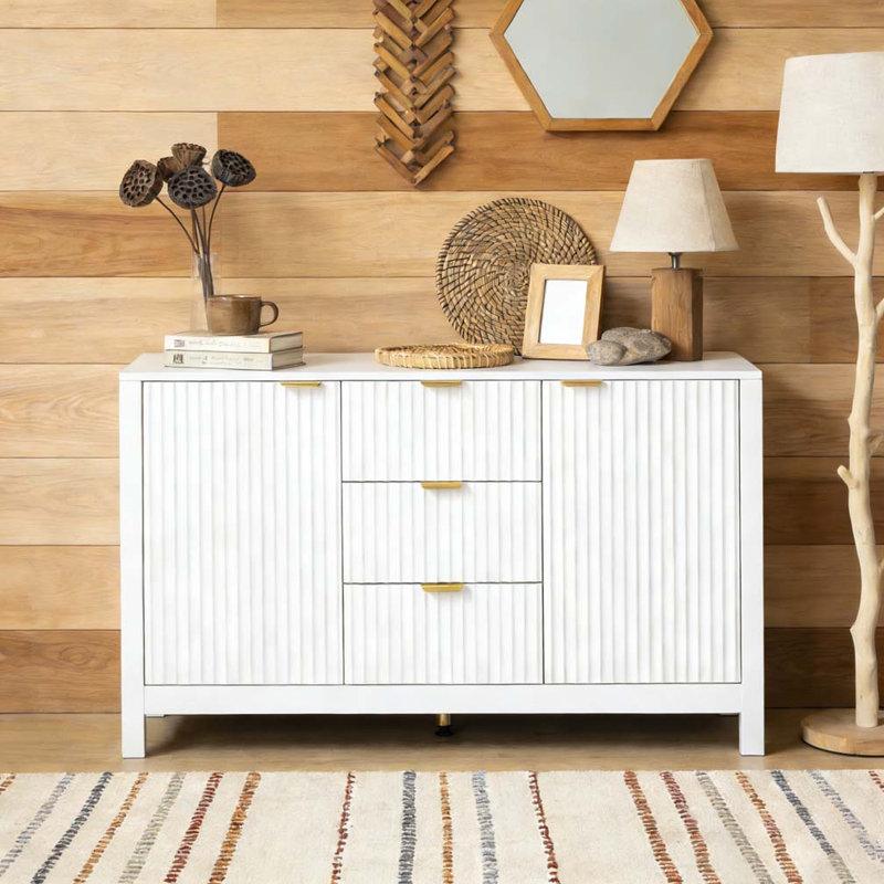 Buffet à motif ondulé - 3 tablettes réglables, 3 tiroirs et portes à fermeture en douceur, Blanc
