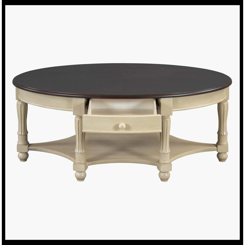 Table basse vintage ovale avec tiroir et étagère de rangement, table de cocktail antique de 45 po, table d'appoint de style champêtre pour salon, beige et cerisier