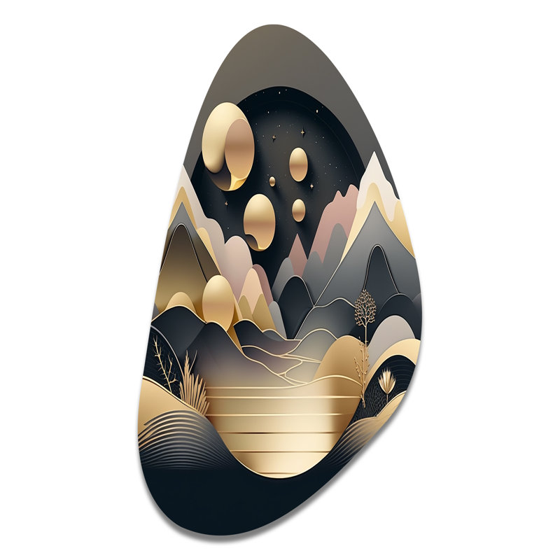«Dreamy Golden Mountain II - Marble Unique Shape», reproduction d'art moderne en métal Freeform, H 39 po x l 21 po x P 1 po