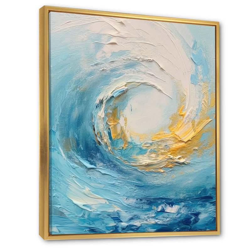 Tourbillons enchantés bleu bébé et or III - spirales abstraites, impressions sur toile, Cadre flottant doré, 20" H x 12" W
