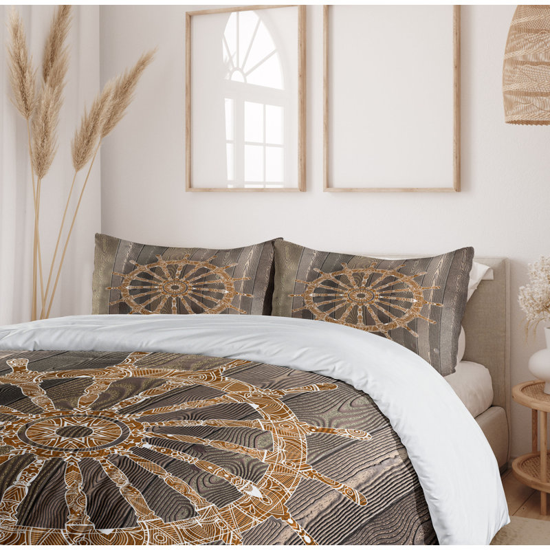 Queen Umber Brown Nautical Ship Wheel Duvet Cover Set