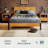 Trapeze Modern Industrial Platform Queen Size Bed Frame - Light Natural Finish with Slat Pattern Headboard & Iron Legs-1552977221