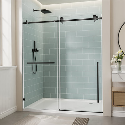 Frameless Single Sliding Shower Door, Tempered Glass Door With Explosion-Proof Film And Stainless Steel Handle