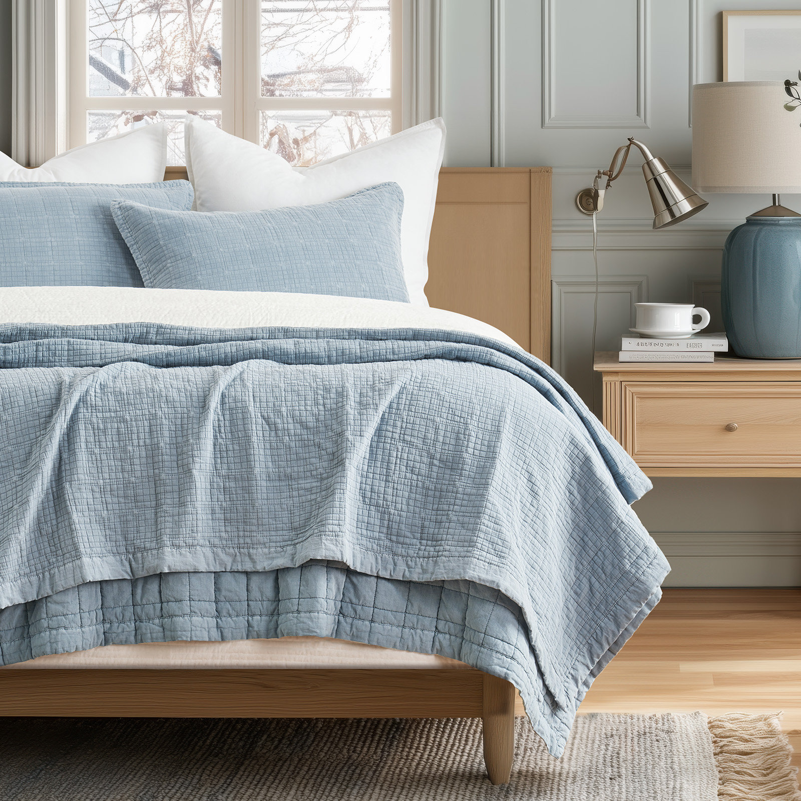 Crinkle Cotton Quilt Set, Blue Linen, King Quilt + 2 King Shams