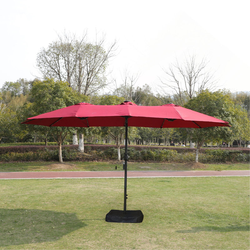 Grand parasol rectangulaire double 15 x 9 pi pour l'extérieur avec lumière et base, Rouge