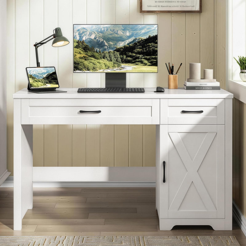 Bureau d'ordinateur avec tiroirs Farmhouse, Blanc