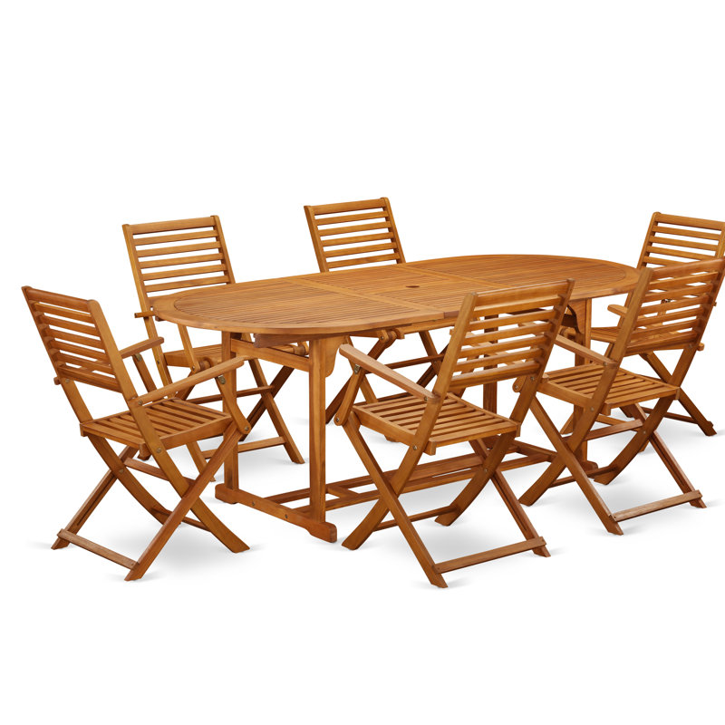 Ensemble de salle à manger 7 pièces pour patio composé d'une table d'extérieur ovale en bois d'acacia et de 6 chaises pliantes, 36 x 78 po, huile naturelle