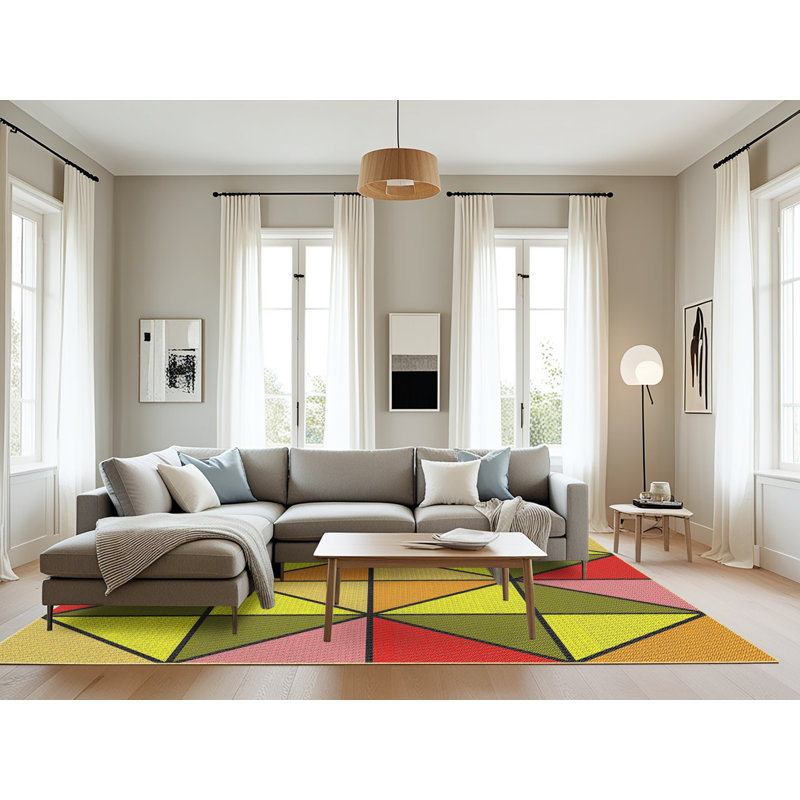 Tapis vert/jaune/rouge à motifs, Rectangle 8 pi x 10 pi