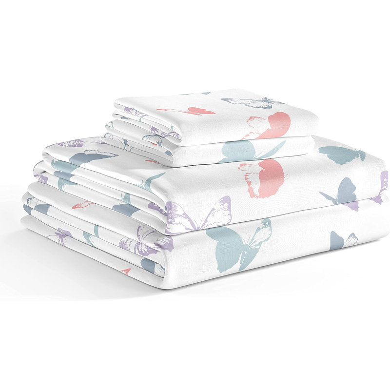 Queen Size Blue and White Butterfly Print Microfiber Sheet Set
