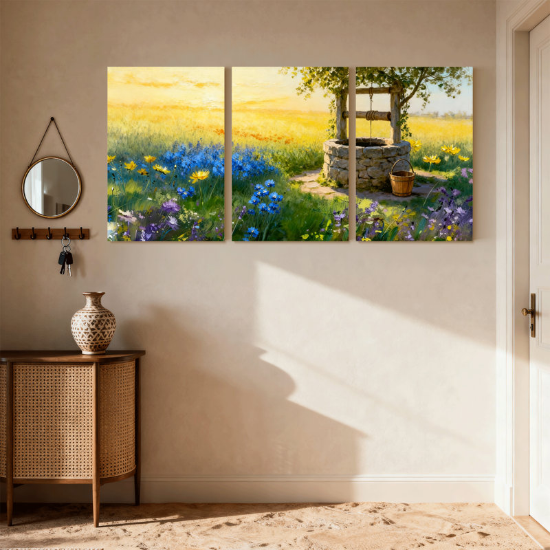 Assortiment de bouquets au coucher du soleil, champ de fleurs, scène de jardin, ensemble de 3 impressions sur toile