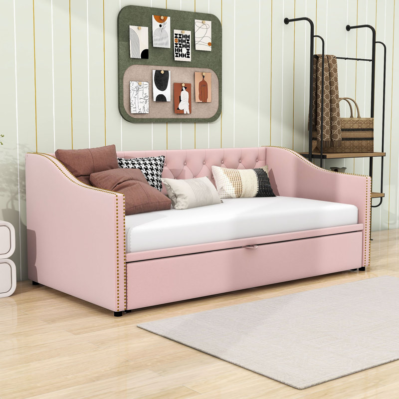 Twin Velvet Daybed with Pop-Up Twin Trundle, Pink