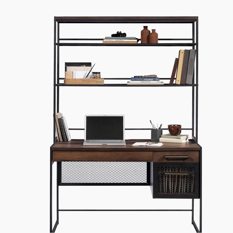 Bureau industriel avec huche, finition brune