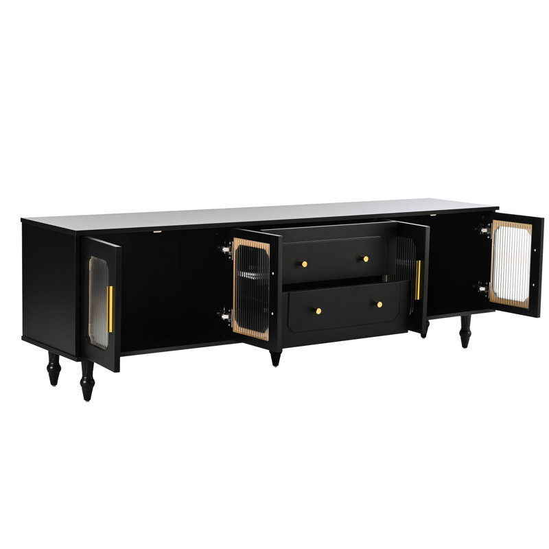 Console radiant pour téléviseur de 78 po: portes cannelées, rangement spacieux, 2 armoires noires envoûtantes, tiroirs
