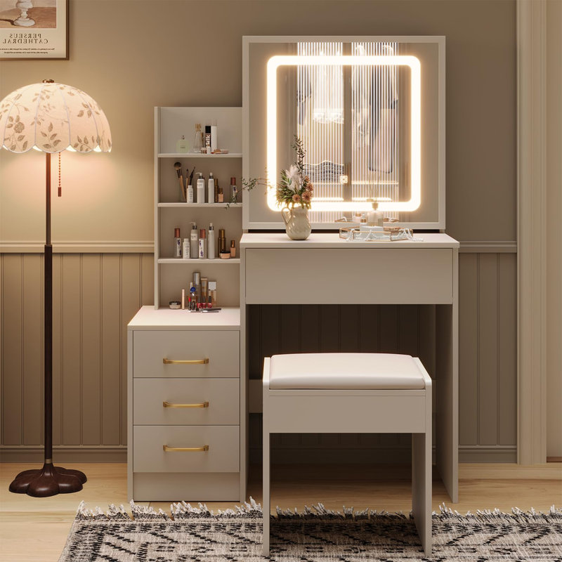 White Vanity Desk With Mirror And Lights,Makeup Dressing Vanity Table Set With 4 Large Drawers,Bedroom Set With Vanity Mirror 3 Lighting Color Adjustable,White