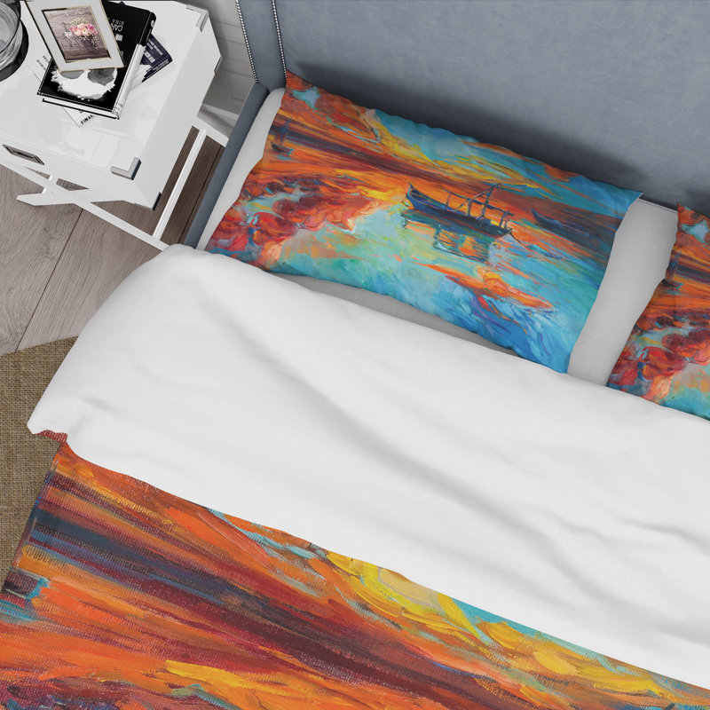 «Boat Pendant Evening Glow At The Lake IV» - Ensemble de housse de couette nautique et côtier - Polyester en microfibre