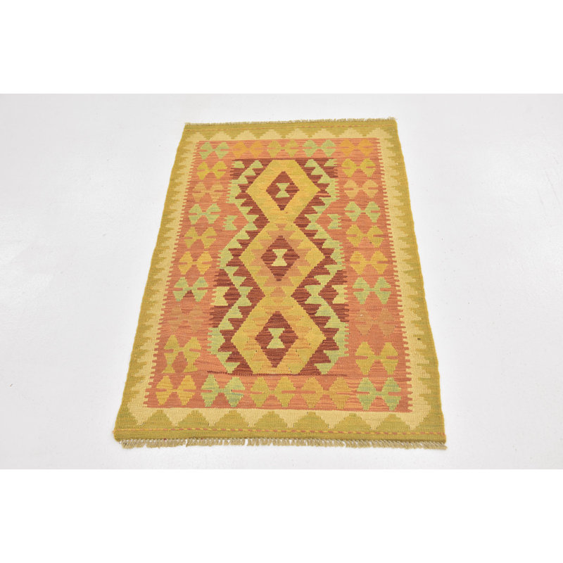 Tapis en laine rouge/beige 2 pi 6 po x 4 pi "one-of-kind" à la main noué la new age Elland