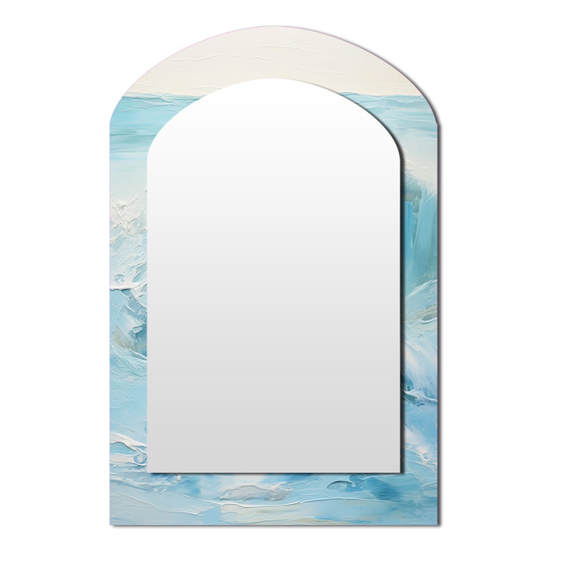 Bleu et blanc Simplicity Beach - miroir mural asymétrique unique à vagues, miroir arqué bleu, impression d'art en métal
