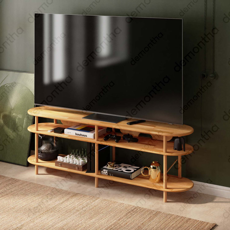 Meuble télé Athens avec rangement ouvert, console média minimaliste en bois de hêtre massif pour le salon, 70.9"