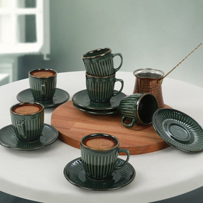 Elegant Dark Green Coffee Cup Set (12 Pieces) | 100% Ceramic Stoneware, 3.5 oz Cups & 4.7 in Saucers | Antibacterial, Eco-Friendly, Easy to Clean | Dishwasher Safe Up to 122°F | Perfect for Home & Office Enjoyment
