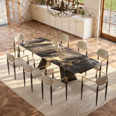Extendable Sintered Stone Dining Table Set – Seats 6-10, Soft Cream Chairs with Gold Accents