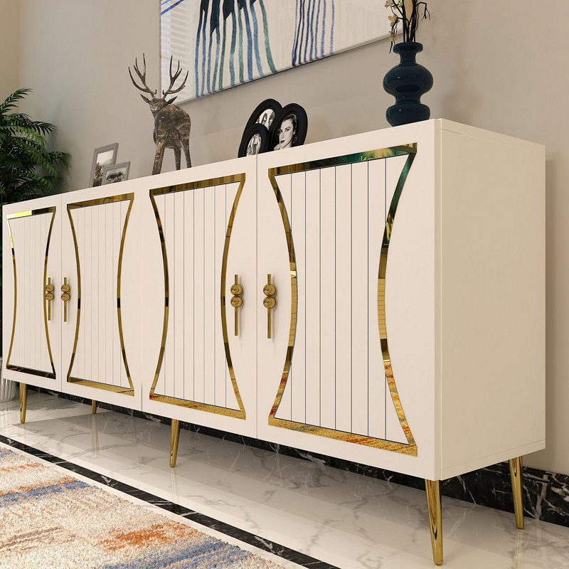 Modern White & Gold Console Table, 100% Melamine Coated Particle Board, Thickness: 0.7 inches | Wall-Mountable with Multiple Shelves | Glamorous Geometric Design for Home Décor