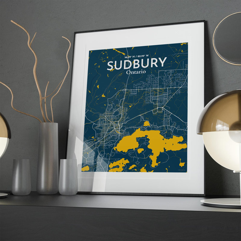 Sudbury City Map, impression, H 20 po x l 16 po, Bleu / jaune