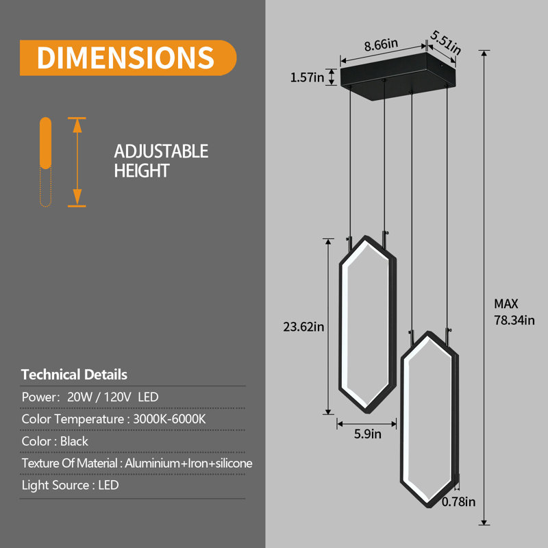 Luminaire suspendu rectangulaire DEL, Noir