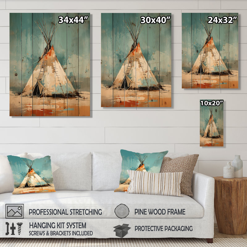 Turquoise beige tipi natif de chuchotements d'esprit sur bois, H 40 po x l 30 po x P 0,78 po