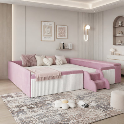 Velvet Upholstered Daybed with Stairs, Gas Lift Storage Ottoman