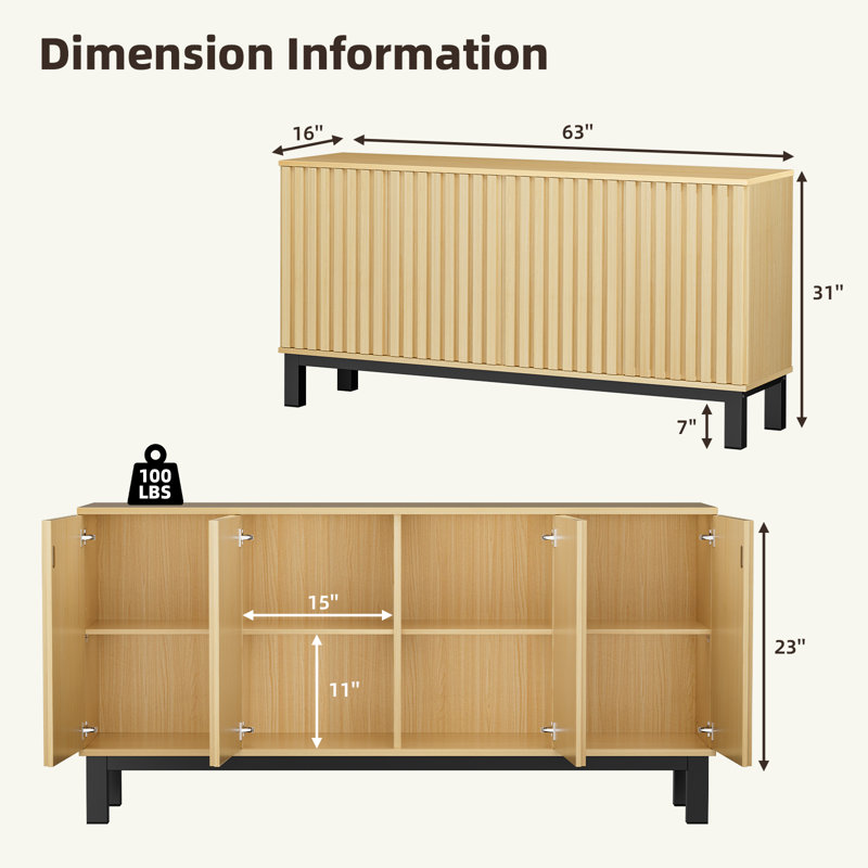 Armoire de rangement à buffet, crédence cannelée avec portes et tablettes pour la cuisine et le salon, Naturel