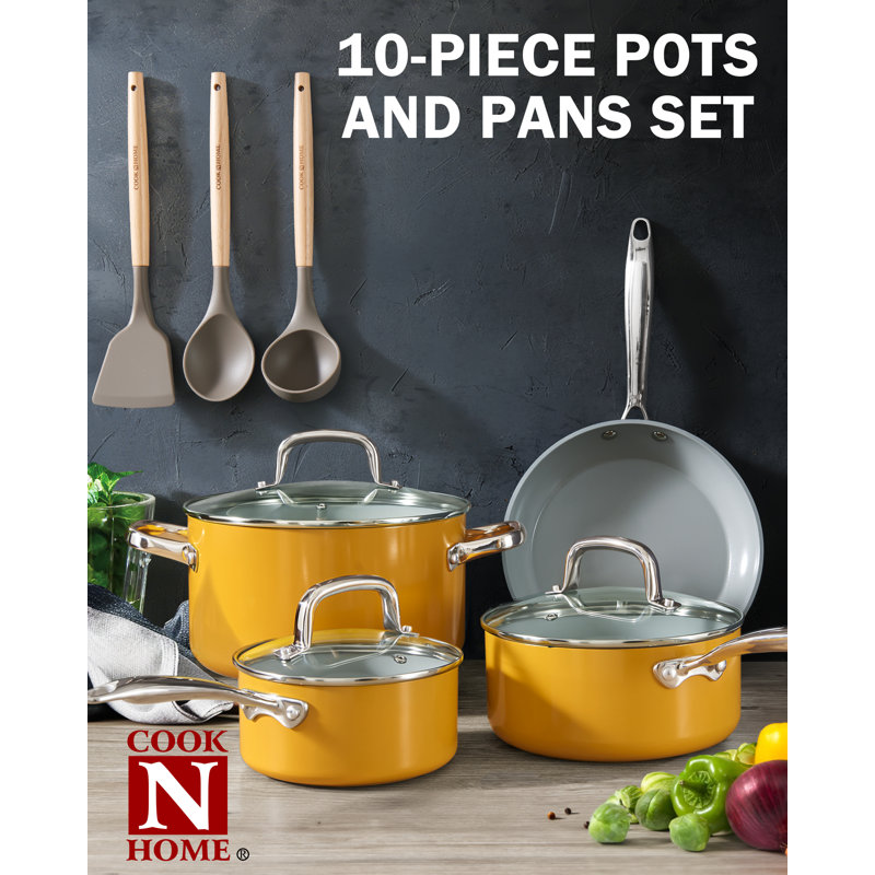 Ensemble de batterie de cuisine antiadhésive, casseroles et poêles avec couvercles en verre et poignées confortables Cook N Home Classic, compatible avec induction, 10 pièces, jaune