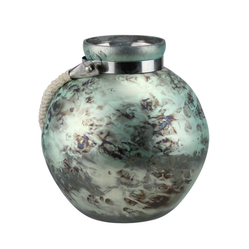 14.5" Green and Black Seaside Treasures Glass Hurricane with Rope Handle