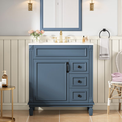 30" Bathroom Vanity With Ceramic Sink, 2 Drawer Units, And Adjustable Shelf, Combining French Design Practicality In Small Use Drawers, Shelf - Inspired, Compact For Bathrooms, Soft Closing Hinges,