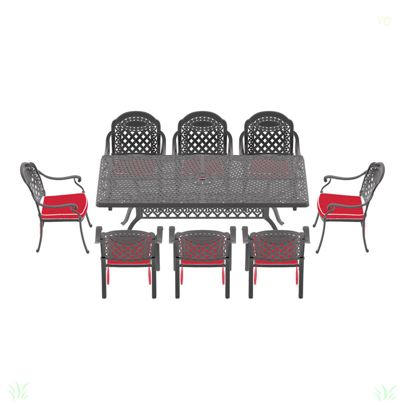 Ridgee 82.68'' L 41.34" W Rectangula Table Cast Aluminum Outdoor Dining Set with Umbrella Hole and Cushions, 4