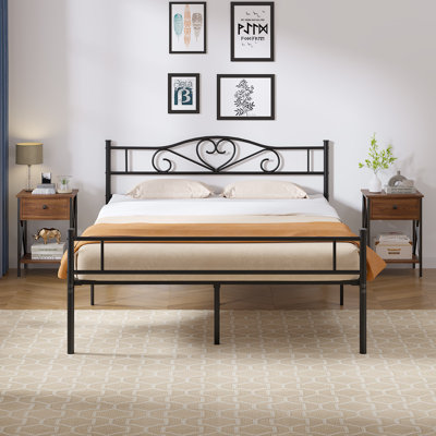 3 Piece Metal Bed Frame Bedroom Set With 2 Nightstands, Black Platform Bed With Storage Side Tables, Drawer & Open Shelf Nightstands For Bedroom, Farmhouse Industrial Style