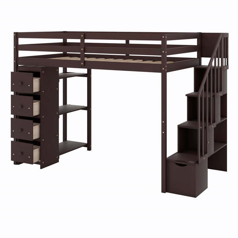 Loft Bed With Shelves,Drawers And Stairs, Espresso