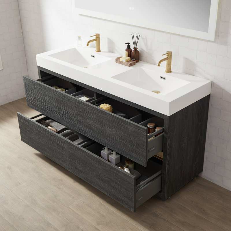 Ensemble de meuble-lavabo double 59,8 po Beira, Chêne nord-américain, Blanc