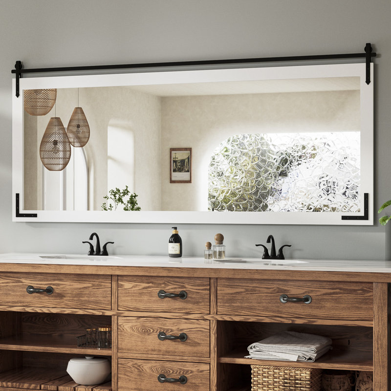Brunilda Rustic Farmhouse Solid Wood Frame Accent Mirror Decorative Mirror, 32" x 72", White
