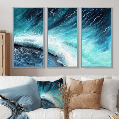 Bleu marine, vagues de l'océan et écume de mer blanche - impression sur toile 3 pièces