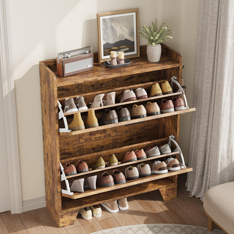 Rustic Brown Wood Shoe Cabinet with Flip Drawers