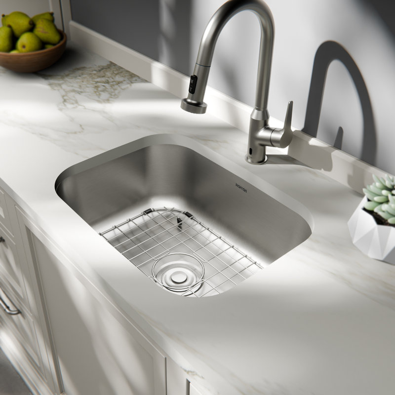Évier de cuisine à cuve simple encastrable en acier inoxydable de calibre 18 avec accessoires Karran Profile