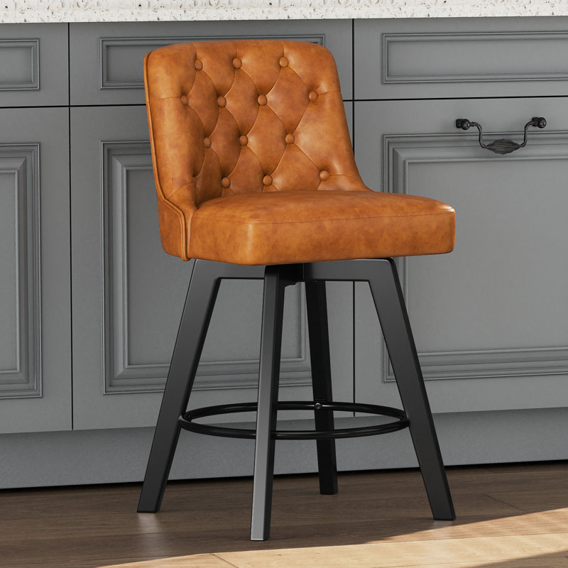 Swivel Upholstered 26'' Counter Stool Wood Leg, Brown, 1, Counter Stool (26" Seat Height)
