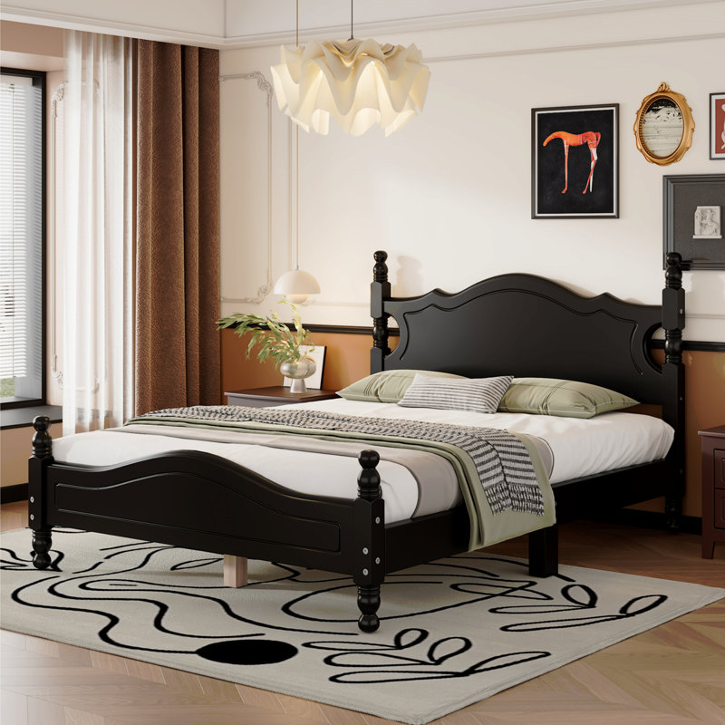 Structure de lit double en bois pleine grandeur, lit plateforme de style rétro avec support en lattes de bois, Lit double