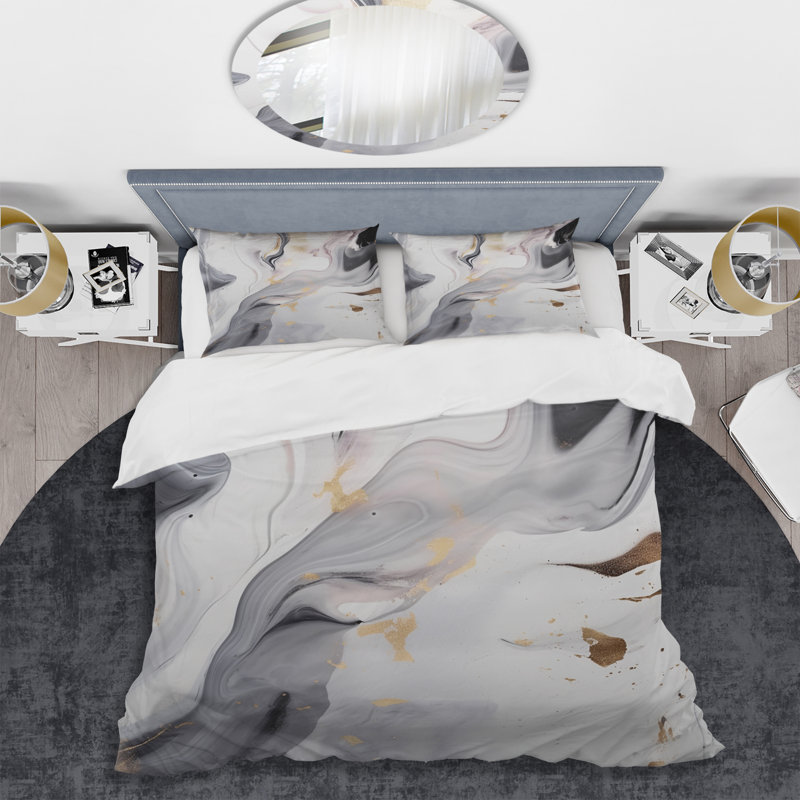 Ensemble de housse de couette en microfibre / polyester blanc et gris Ripples Of Stone I
