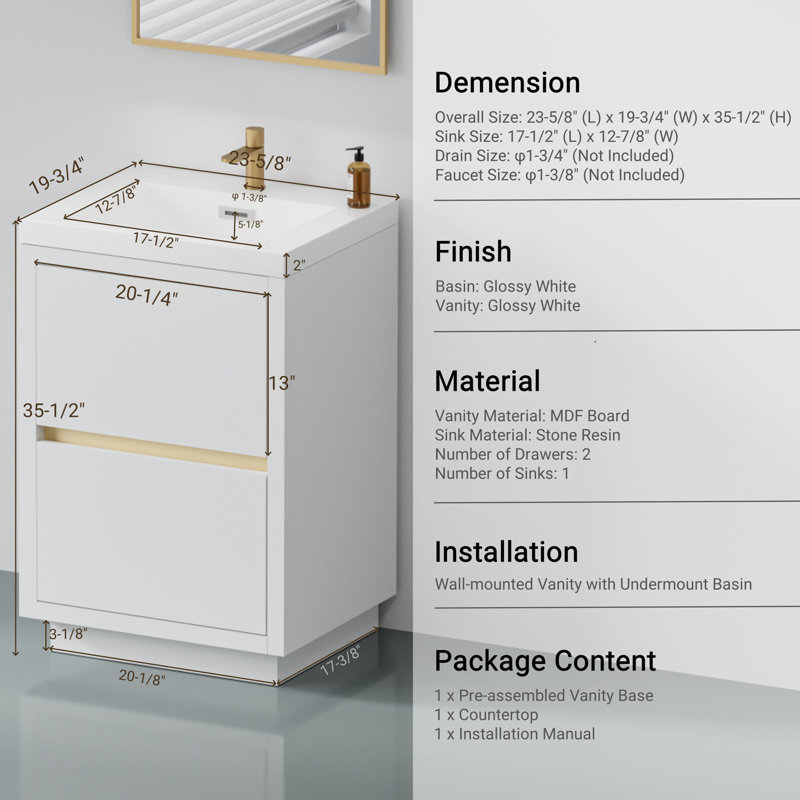 Meuble-lavabo sur pied 24 po avec lavabo, Blanc lustré