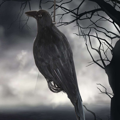 2 Pack Halloween Black Feathered Crow Realistic Hanging Crow Decoy Life Size Halloween Decoration